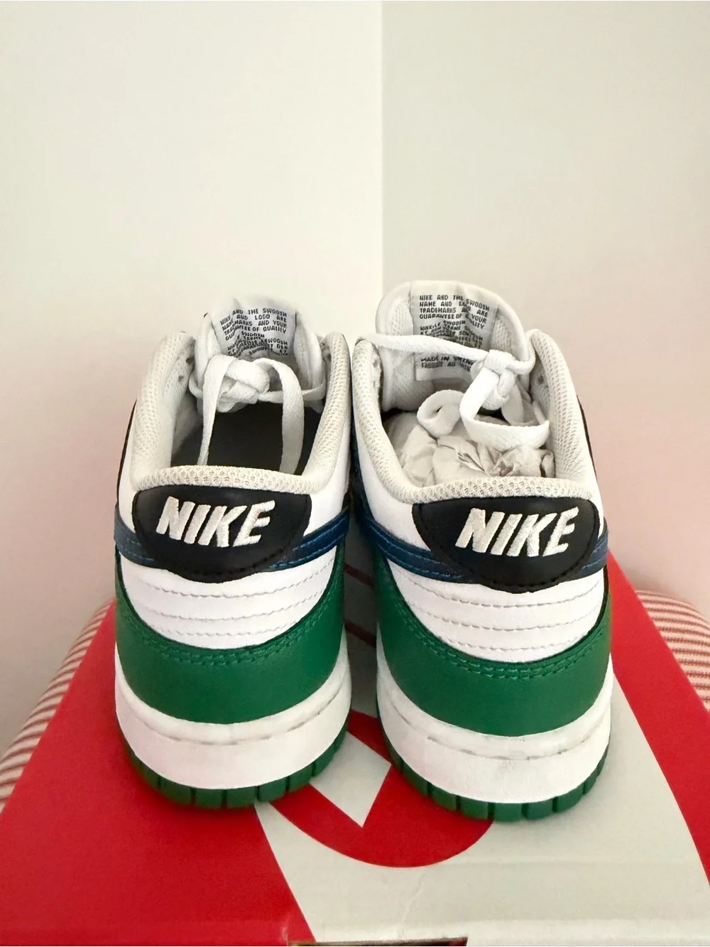 Nike Kids Low-Top Sneakers — White, Green & Red with Blue Swoosh